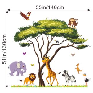 RW-1074 Cartoon Jungle Animal Wall Decals 3D Large Green Tree Wall Stickers DIY Removable Giraffe Lion Elephant Grass Wall Art Decor for Kids Baby Bedroom Living Room Nursery Playroom Home Decoration