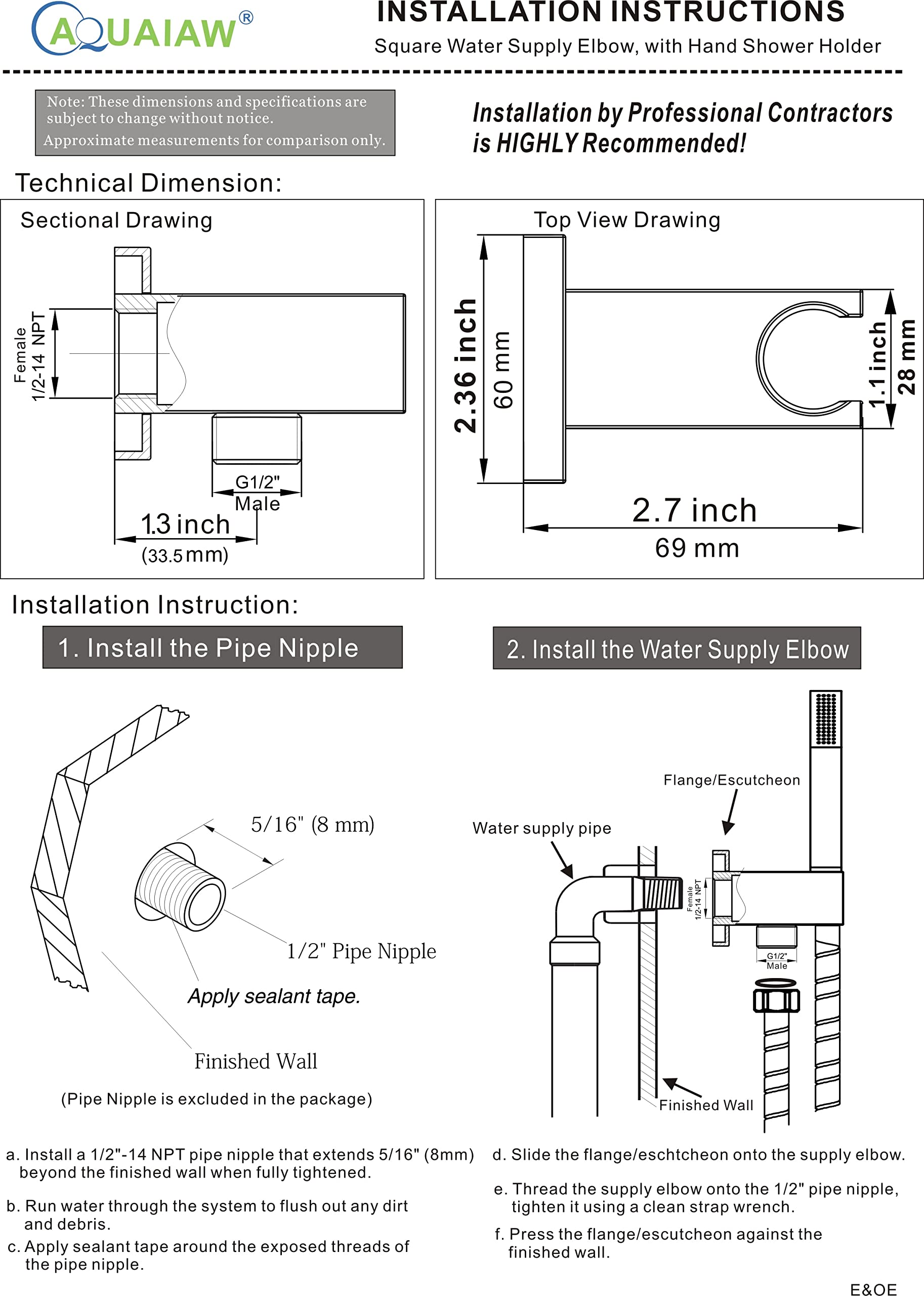 Aquaiaw Wall Supply Elbow with Flange, Tapered 1/2 NPT Female Inlet, Solid Brass Wall Union with Handshower Holder, Square Wall Supply Elbow with Hand Shower bracket, PVD Brushed Nickel, G1/2 Outlet