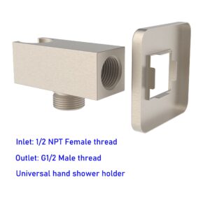 Aquaiaw Wall Supply Elbow with Flange, Tapered 1/2 NPT Female Inlet, Solid Brass Wall Union with Handshower Holder, Square Wall Supply Elbow with Hand Shower bracket, PVD Brushed Nickel, G1/2 Outlet