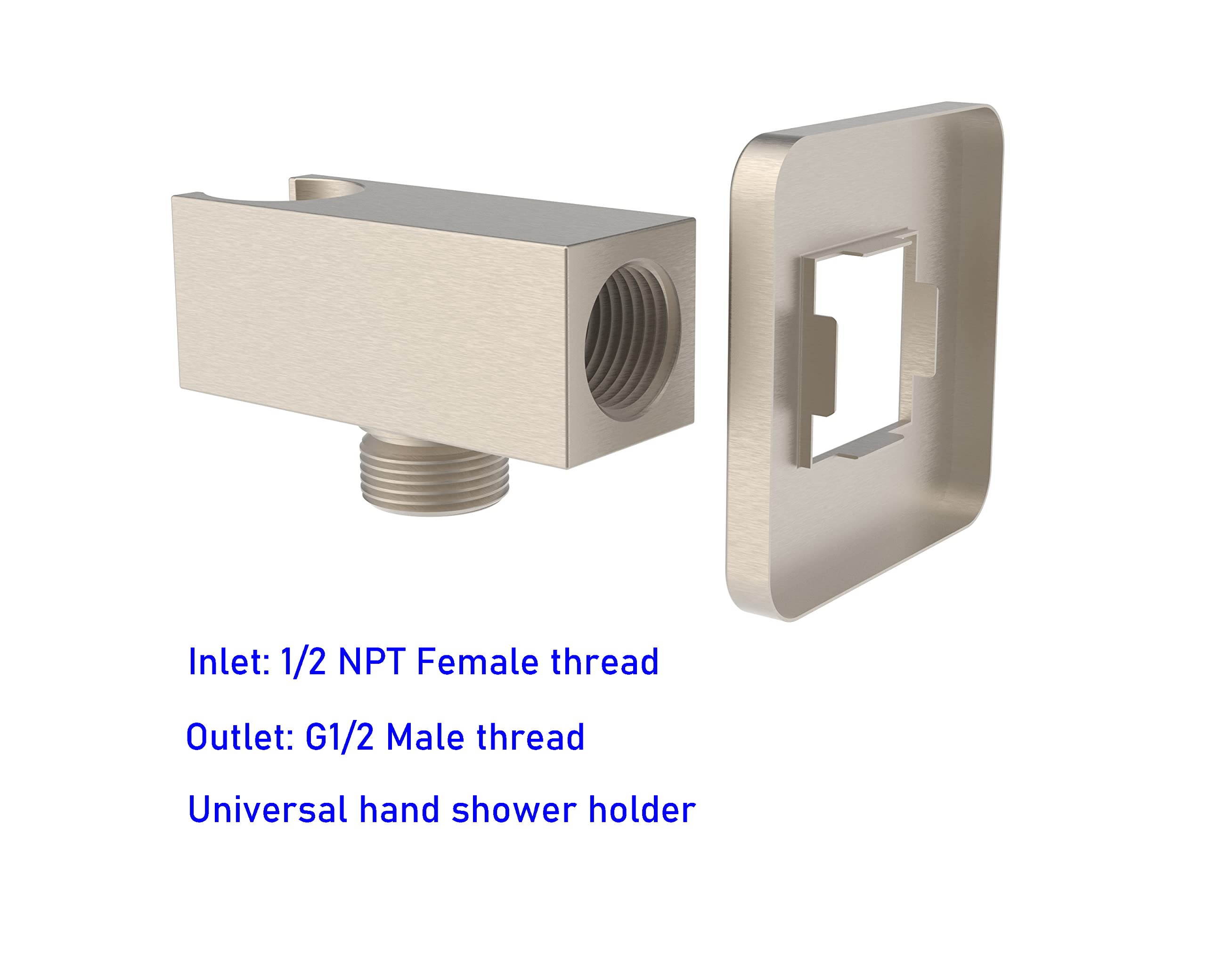 Aquaiaw Wall Supply Elbow with Flange, Tapered 1/2 NPT Female Inlet, Solid Brass Wall Union with Handshower Holder, Square Wall Supply Elbow with Hand Shower bracket, PVD Brushed Nickel, G1/2 Outlet