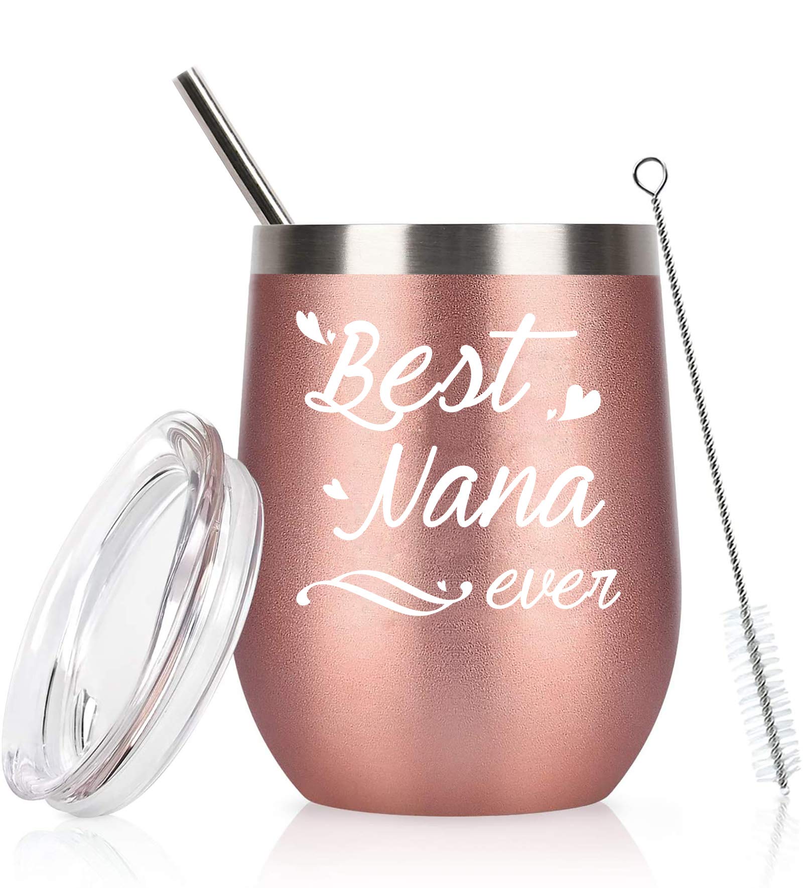 Best Nana Ever Wine Tumbler Best Nana Ever Tumbler with Straw Nana Tumbler Nana Gifts Birthday Mothers Day Gifts for Nana Grandma from Grandkids Granddaughter Grandson 12 Ounce with Gift Box Rose Gold