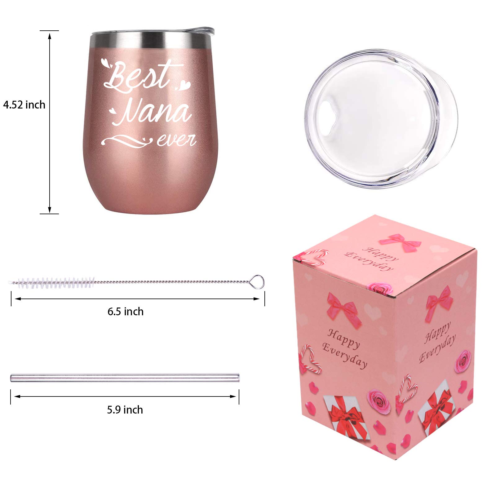 Best Nana Ever Wine Tumbler Best Nana Ever Tumbler with Straw Nana Tumbler Nana Gifts Birthday Mothers Day Gifts for Nana Grandma from Grandkids Granddaughter Grandson 12 Ounce with Gift Box Rose Gold