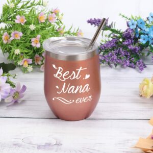 Best Nana Ever Wine Tumbler Best Nana Ever Tumbler with Straw Nana Tumbler Nana Gifts Birthday Mothers Day Gifts for Nana Grandma from Grandkids Granddaughter Grandson 12 Ounce with Gift Box Rose Gold