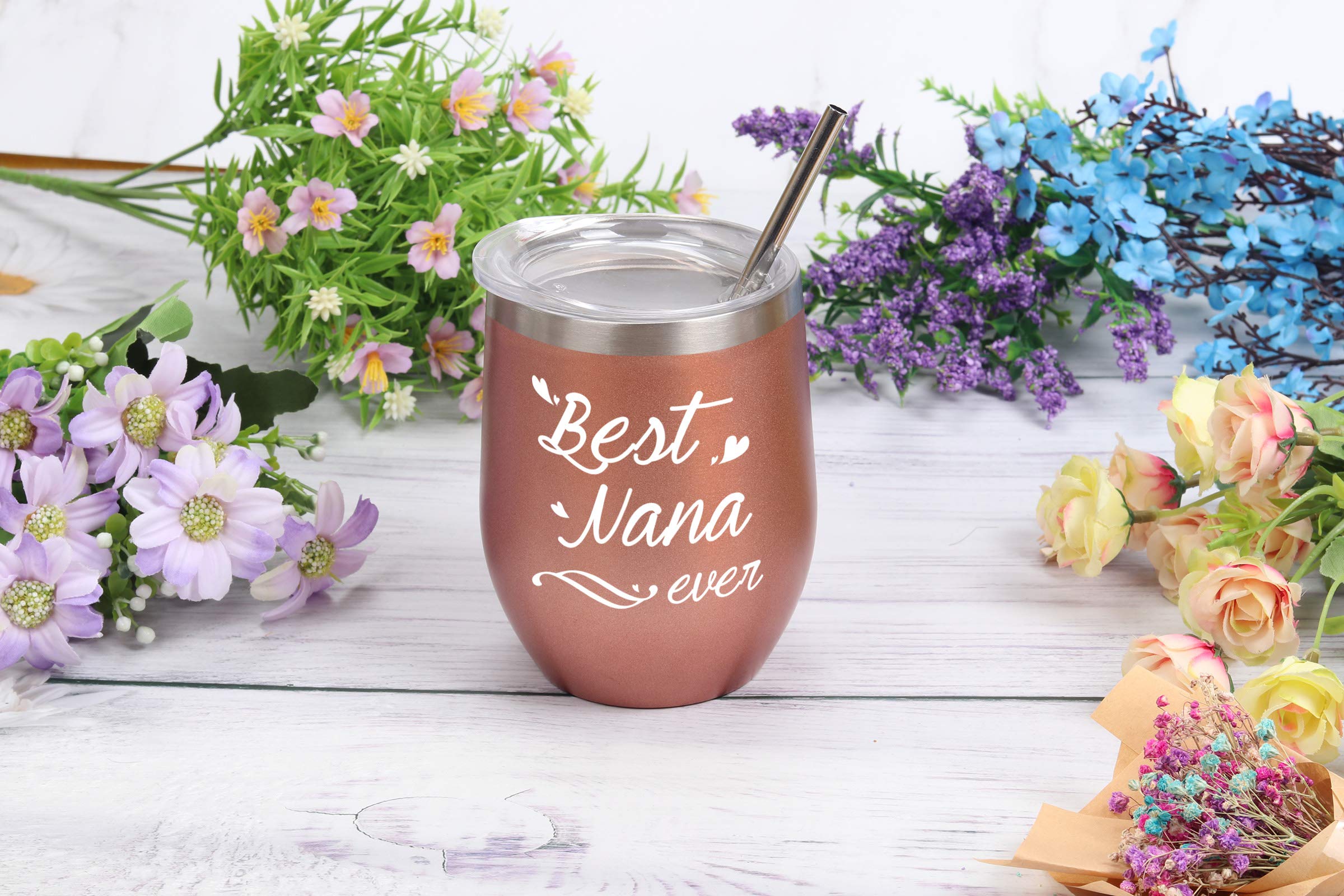 Best Nana Ever Wine Tumbler Best Nana Ever Tumbler with Straw Nana Tumbler Nana Gifts Birthday Mothers Day Gifts for Nana Grandma from Grandkids Granddaughter Grandson 12 Ounce with Gift Box Rose Gold