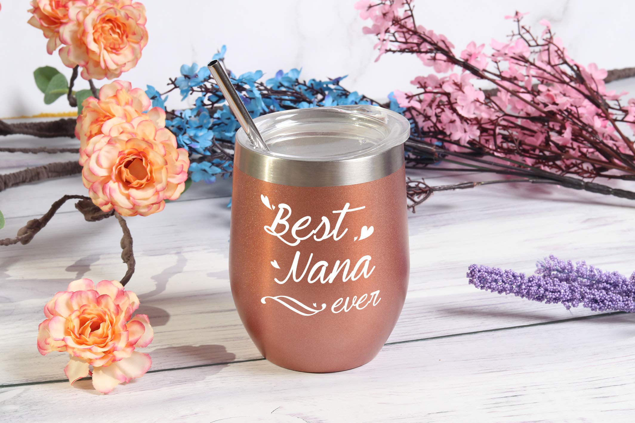 Best Nana Ever Wine Tumbler Best Nana Ever Tumbler with Straw Nana Tumbler Nana Gifts Birthday Mothers Day Gifts for Nana Grandma from Grandkids Granddaughter Grandson 12 Ounce with Gift Box Rose Gold