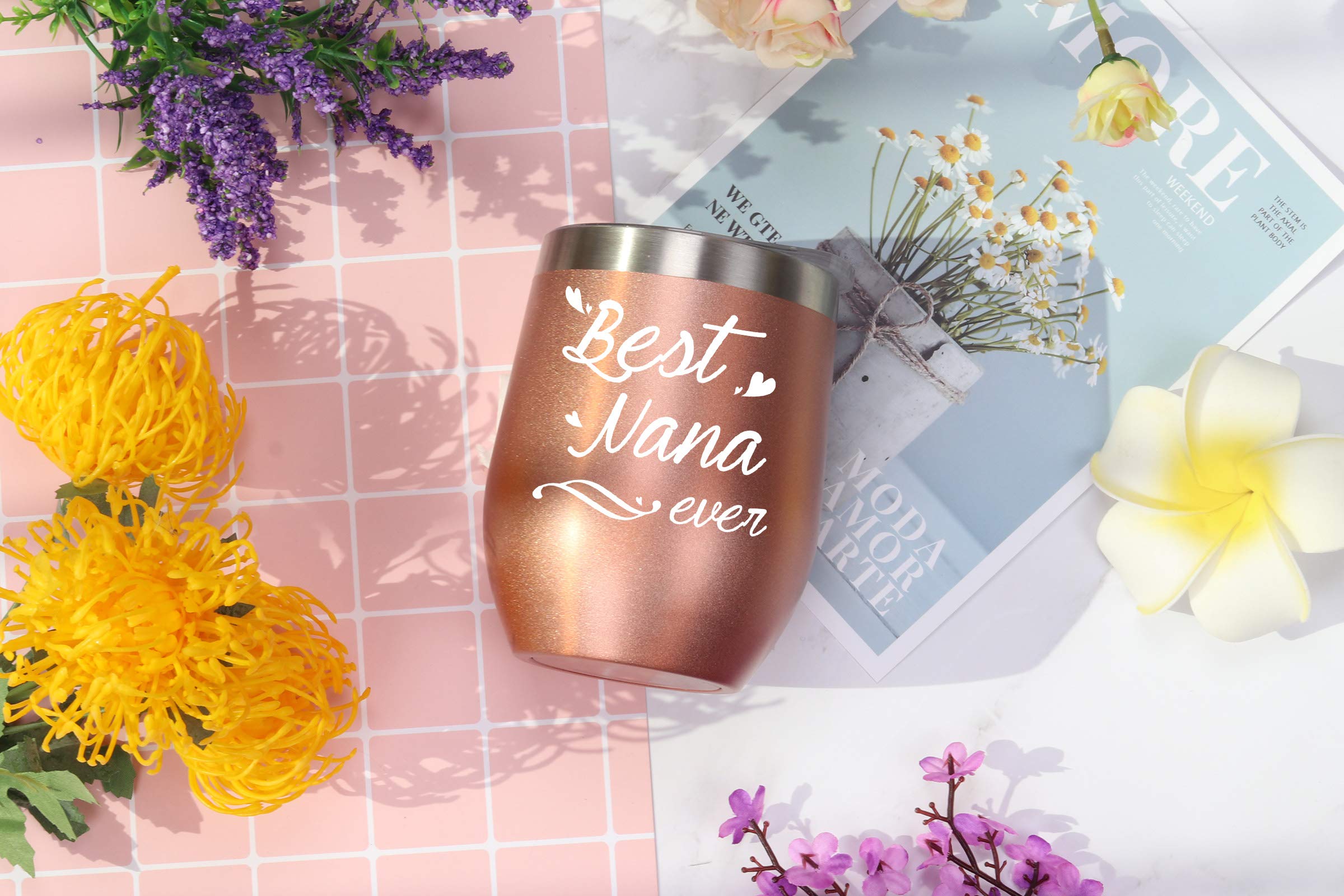 Best Nana Ever Wine Tumbler Best Nana Ever Tumbler with Straw Nana Tumbler Nana Gifts Birthday Mothers Day Gifts for Nana Grandma from Grandkids Granddaughter Grandson 12 Ounce with Gift Box Rose Gold