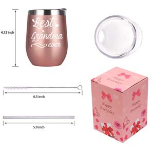 Best Grandma Ever Tumbler Best Grandma Tumbler with Straw Birthday Mothers Day Gifts for Grandma from Grandkids Grandson Granddaughter Grandma Wine Tumbler 12 Ounce with Gift Box Rose Gold