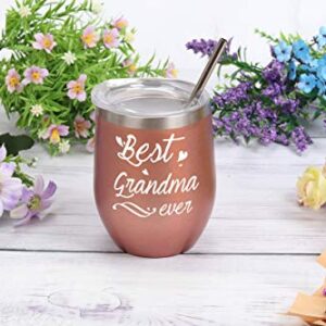 Best Grandma Ever Tumbler Best Grandma Tumbler with Straw Birthday Mothers Day Gifts for Grandma from Grandkids Grandson Granddaughter Grandma Wine Tumbler 12 Ounce with Gift Box Rose Gold