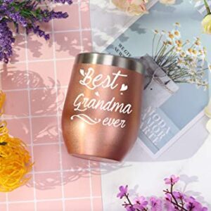 Best Grandma Ever Tumbler Best Grandma Tumbler with Straw Birthday Mothers Day Gifts for Grandma from Grandkids Grandson Granddaughter Grandma Wine Tumbler 12 Ounce with Gift Box Rose Gold