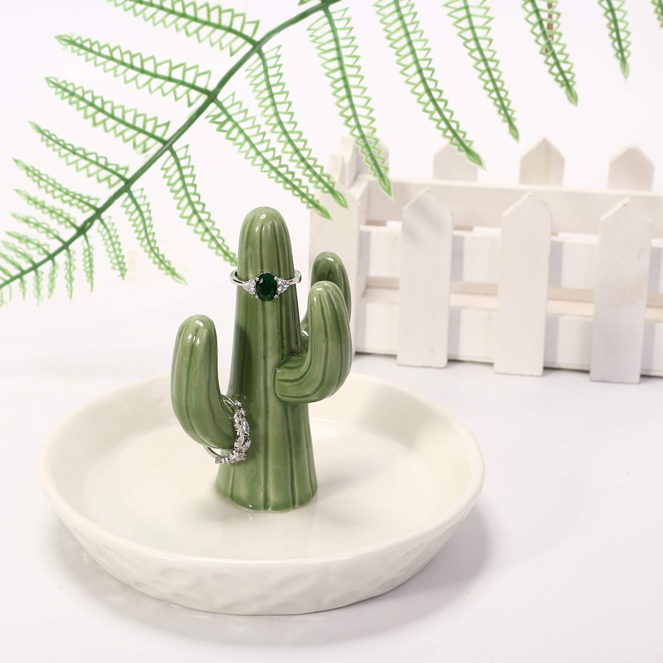 HOME SMILE Ceramic Cactus Ring Holder with Derorative White Dish for Jewelry,Christmas Birthday Gifts for Women