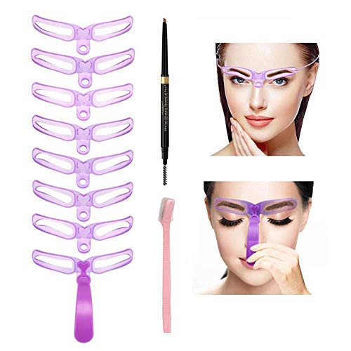 Eyebrow Stamp Stencil Kit, 8 Styles Eyebrow Stencils with Handle and Strap,Reusable and Washable,for Beginners and Professionals with 1 Eyebrow Pencil