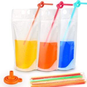 100pcs drink pouches with 100pcs individual wrapped straws, yamgqus freezable juice pouches diy reclosable zipper drink bags for adults and kids, silicone funnel included - 17oz (100 pack)