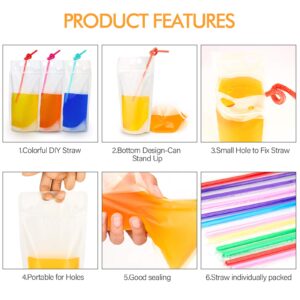 100PCs Drink Pouches with 100PCS Individual Wrapped Straws, Yamgqus Freezable Juice Pouches DIY Reclosable Zipper Drink Bags for Adults and Kids, Silicone Funnel Included - 17oz (100 Pack)