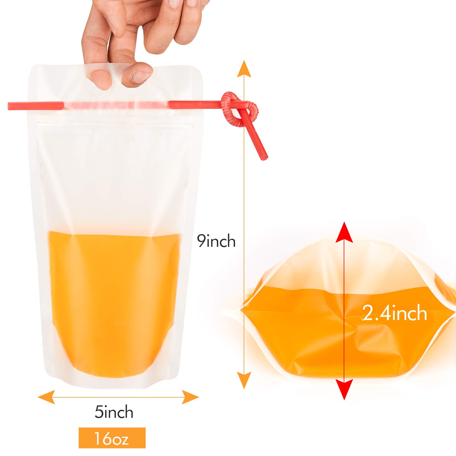 100PCs Drink Pouches with 100PCS Individual Wrapped Straws, Yamgqus Freezable Juice Pouches DIY Reclosable Zipper Drink Bags for Adults and Kids, Silicone Funnel Included - 17oz (100 Pack)