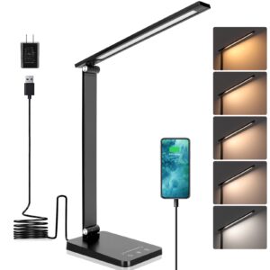 desk lamp, led desk lamp, desk lamp for home office, 5 color modes dimmable desk light, desk lamp with usb charging port, office lamp, small desk lamps, study lamp, reading light, table lamp, black