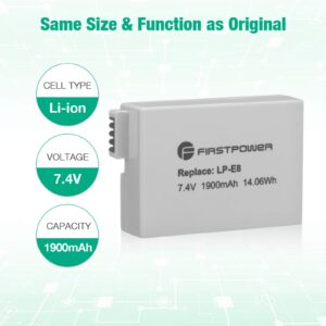 FirstPower 2 Pack LP-E8 Batteries Compatible with Canon EOS Rebel T5i, T4i, T3i, T2i, EOS 550D, 600D, 650D, 700D, Kiss X4, Kiss X5, Kiss X6, LC-E8E