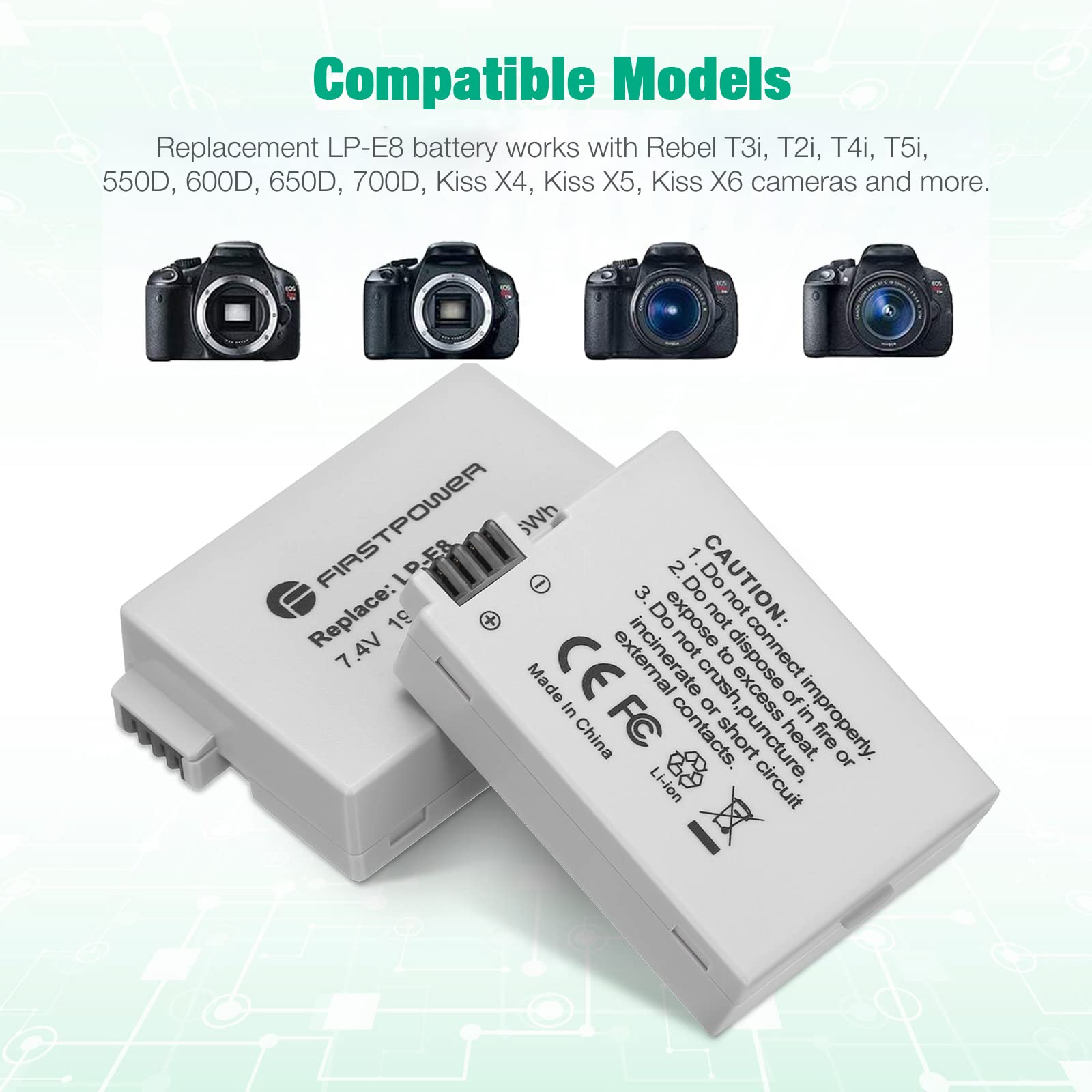 FirstPower 2 Pack LP-E8 Batteries Compatible with Canon EOS Rebel T5i, T4i, T3i, T2i, EOS 550D, 600D, 650D, 700D, Kiss X4, Kiss X5, Kiss X6, LC-E8E