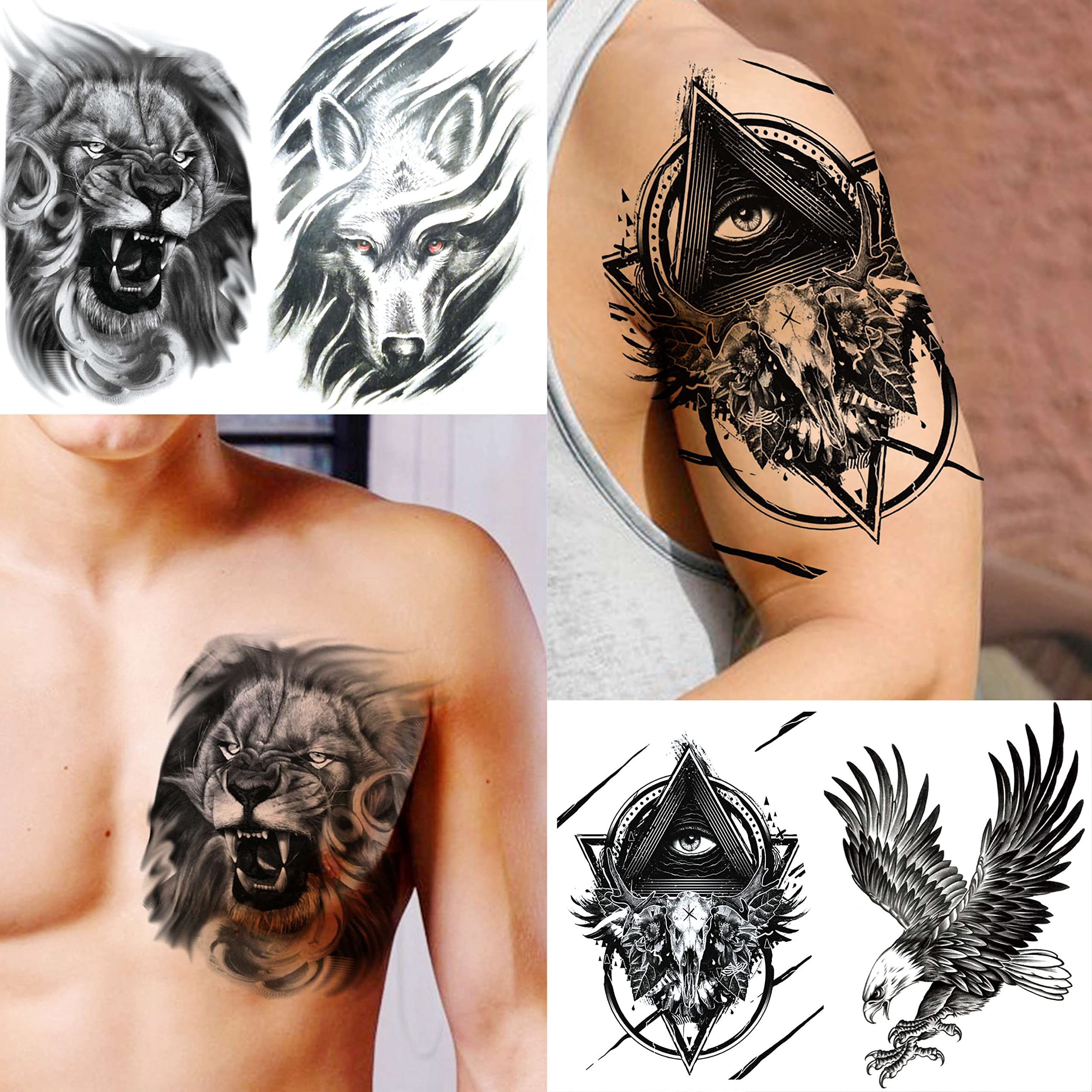 VANTATY 50 Sheets Black Temporary Tattoos For Men Adults Ealge Dragon Lion Wolf Animals For Women Neck Arm Thigh, Fake Small Skull Tattoo Sticker For Kids Children Boys Girls Tatoos