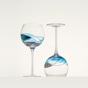 Antoni Barcelona Wine Glass Large Stem 21oz Mediterranean Art Handblown Handpainted Glassware Unique Gifts Ideas Women Men Birthday (Blue, Set 2)