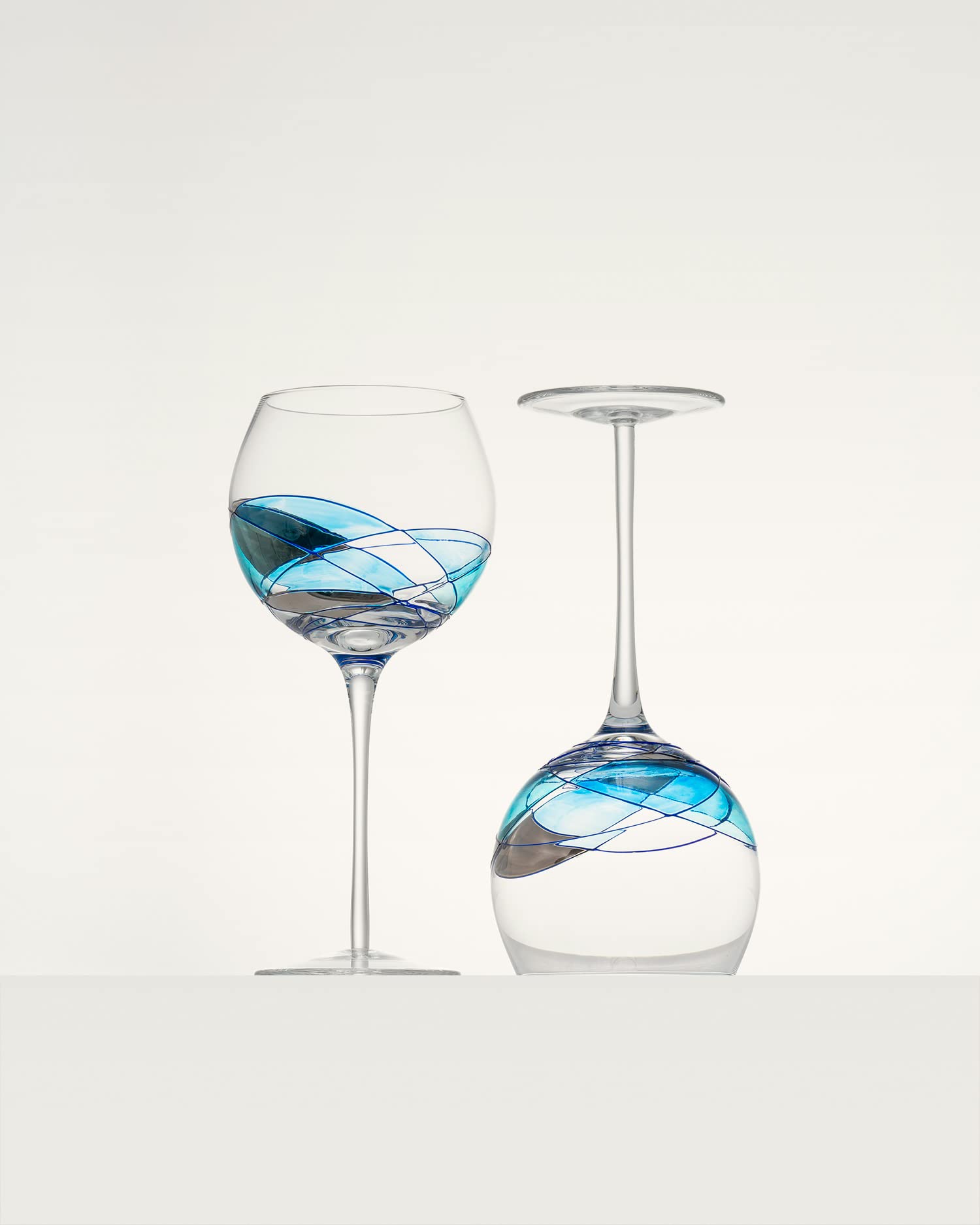 Antoni Barcelona Wine Glass Large Stem 21oz Mediterranean Art Handblown Handpainted Glassware Unique Gifts Ideas Women Men Birthday (Blue, Set 2)