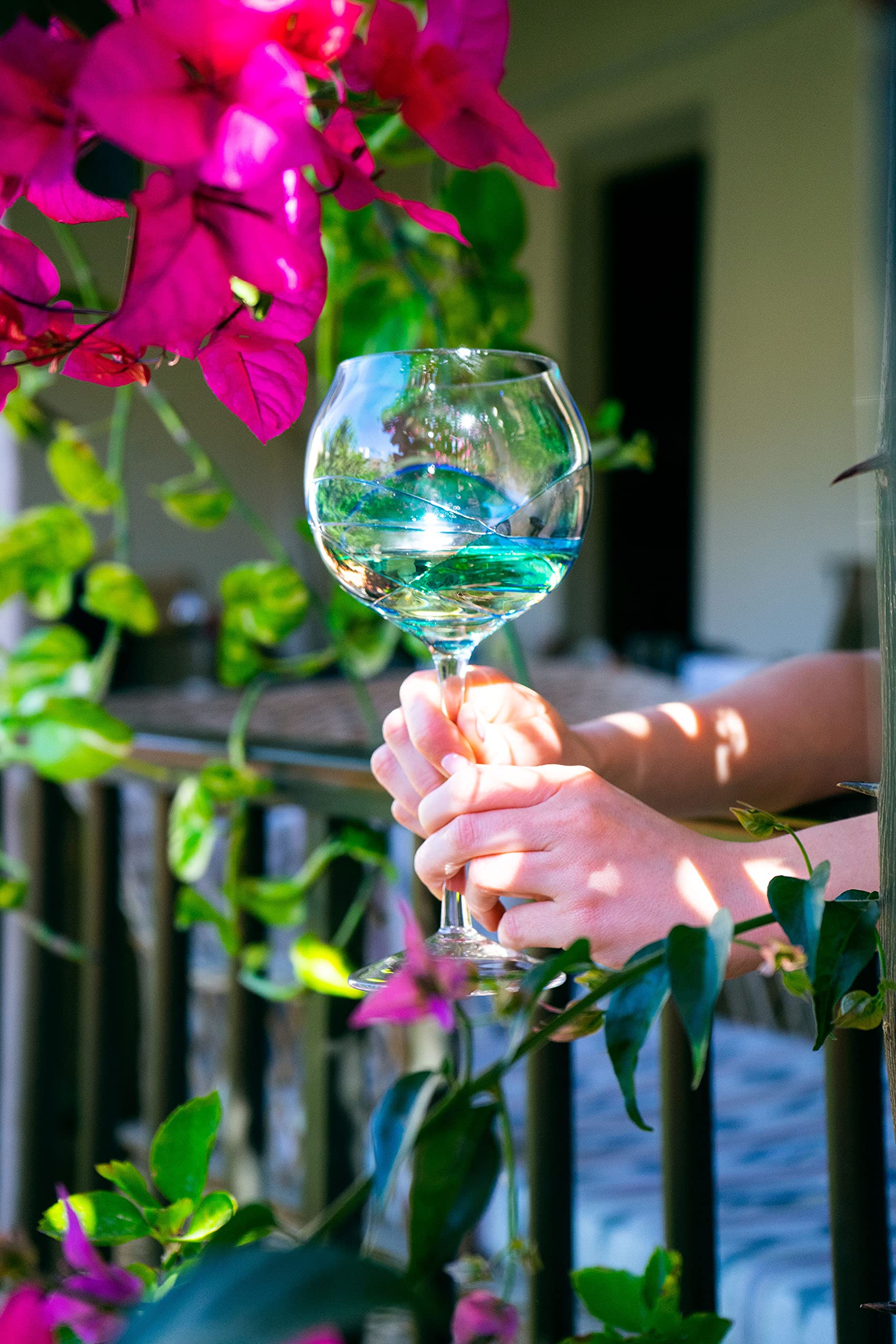 Antoni Barcelona Wine Glass Large Stem 21oz Mediterranean Art Handblown Handpainted Glassware Unique Gifts Ideas Women Men Birthday (Blue, Set 2)