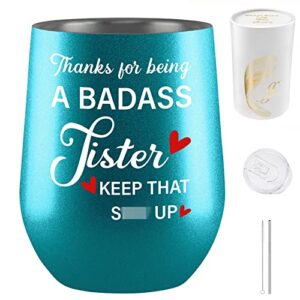 fancyfams sister gifts from sister, brother, funny gifts for sister, sister in law, birthday gifts for sister - unbiological, soul sister, wine tumbler (being sister -turquoise)