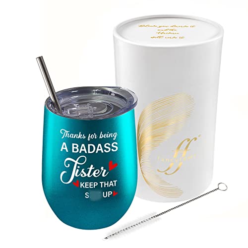 Fancyfams Sister Gifts from Sister, Brother, Funny Gifts for Sister, Sister in Law, Birthday Gifts for Sister - Unbiological, Soul Sister, Wine Tumbler (Being Sister -Turquoise)