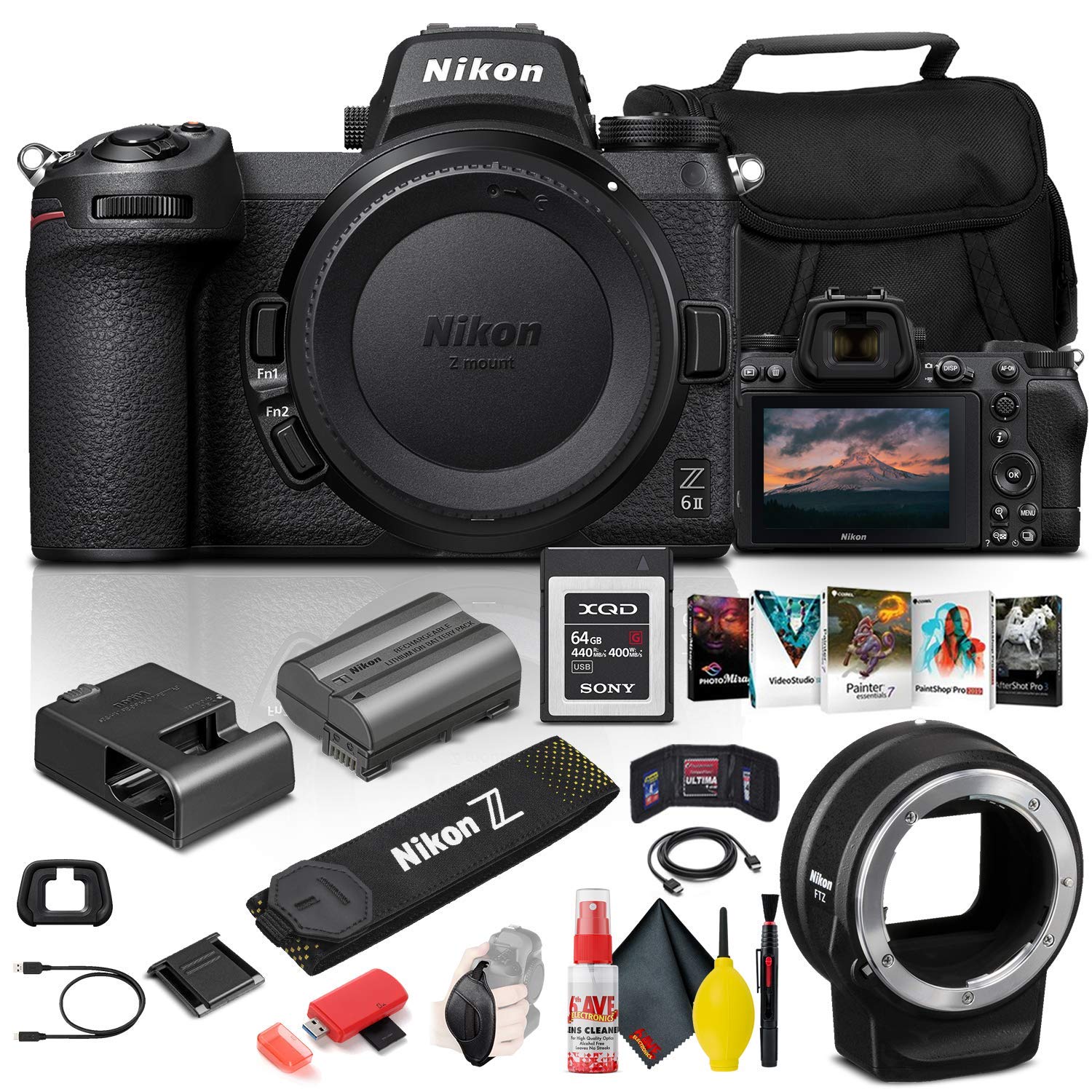 Nikon Z 6II Mirrorless Digital Camera 24.5MP (Body Only) (1659) + FTZ Mount + 64GB XQD Card + Corel Photo Software + Case + HDMI Cable + Cleaning Set + More - International Model (Renewed)