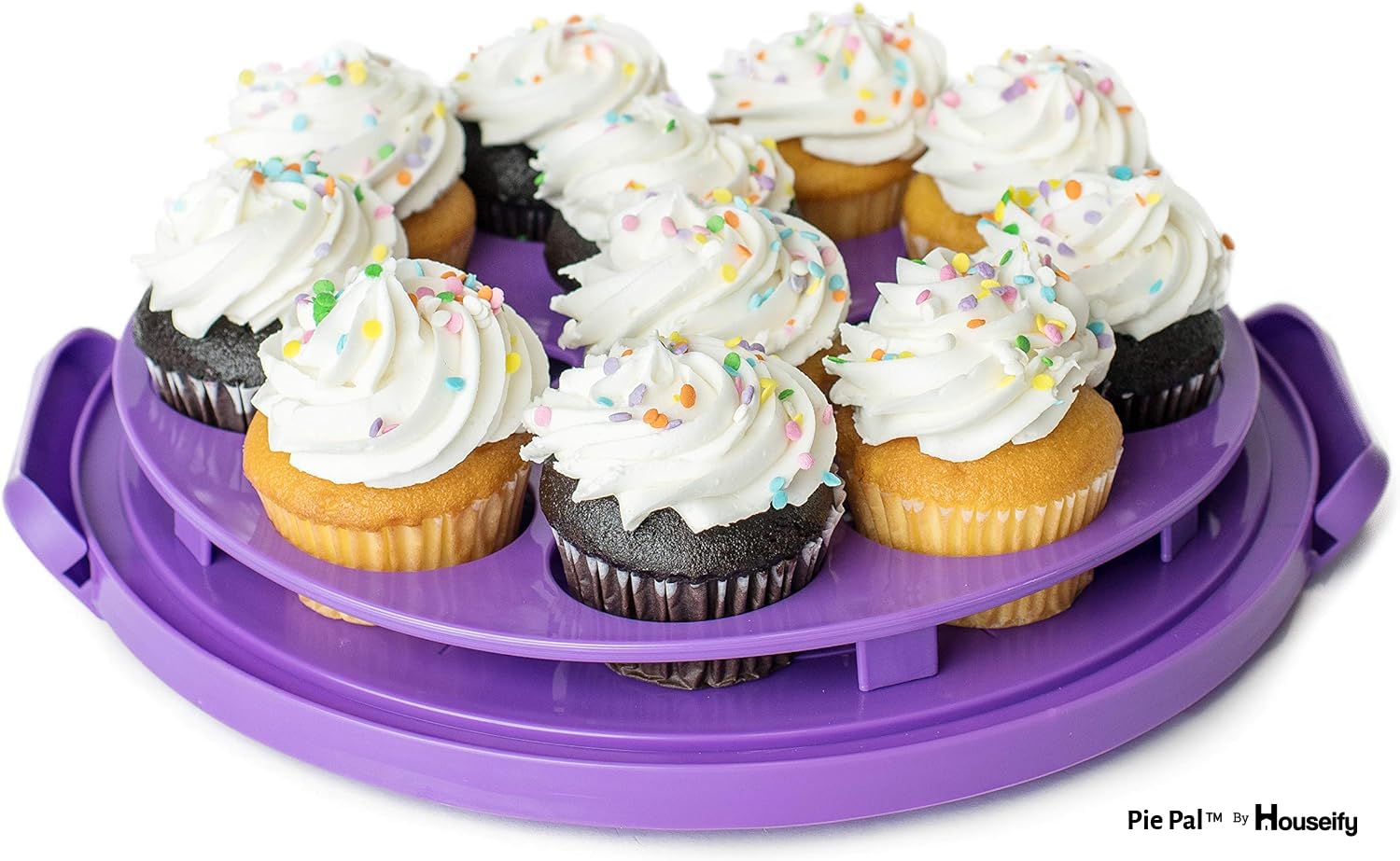 Houseify Purple PIE PAL, Pie & Cake Carrier w/Flat Handle & Domed Lid for Tall Pies & Cakes, Cupcake Storage, Plus Veggie/Fruit/Nut Tray, Fits 9 In. Cakes & Pies