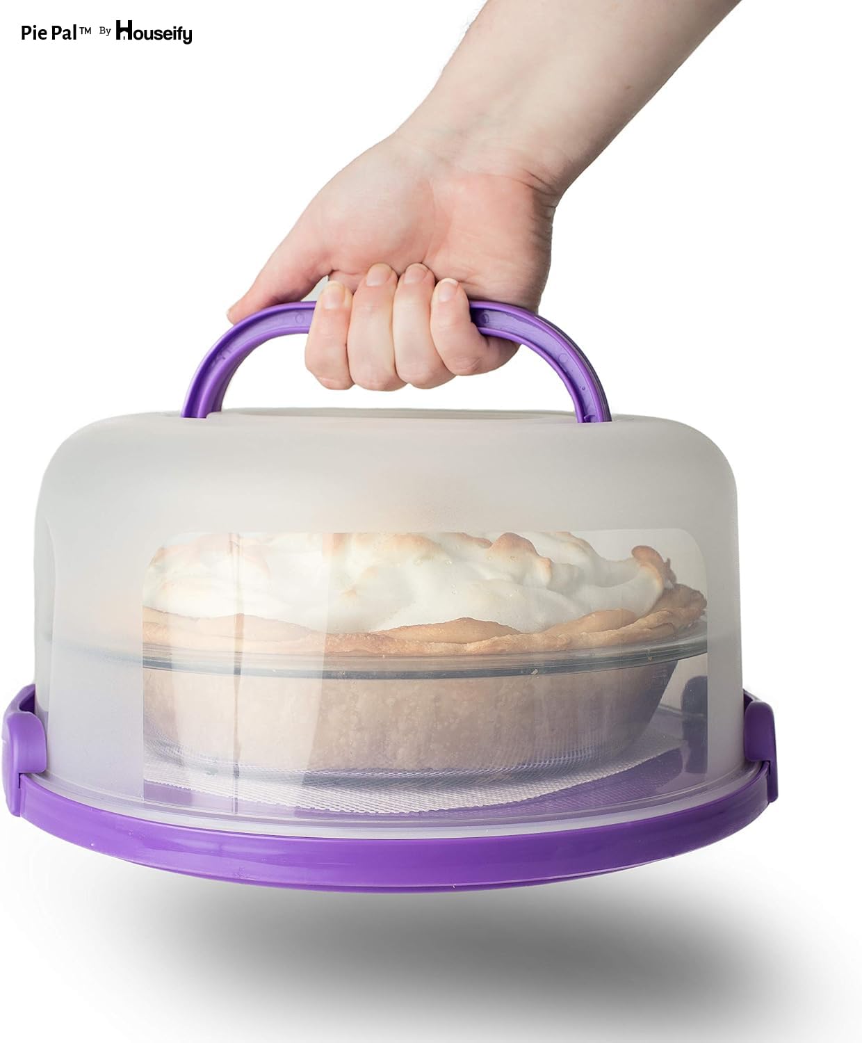 Houseify Purple PIE PAL, Pie & Cake Carrier w/Flat Handle & Domed Lid for Tall Pies & Cakes, Cupcake Storage, Plus Veggie/Fruit/Nut Tray, Fits 9 In. Cakes & Pies