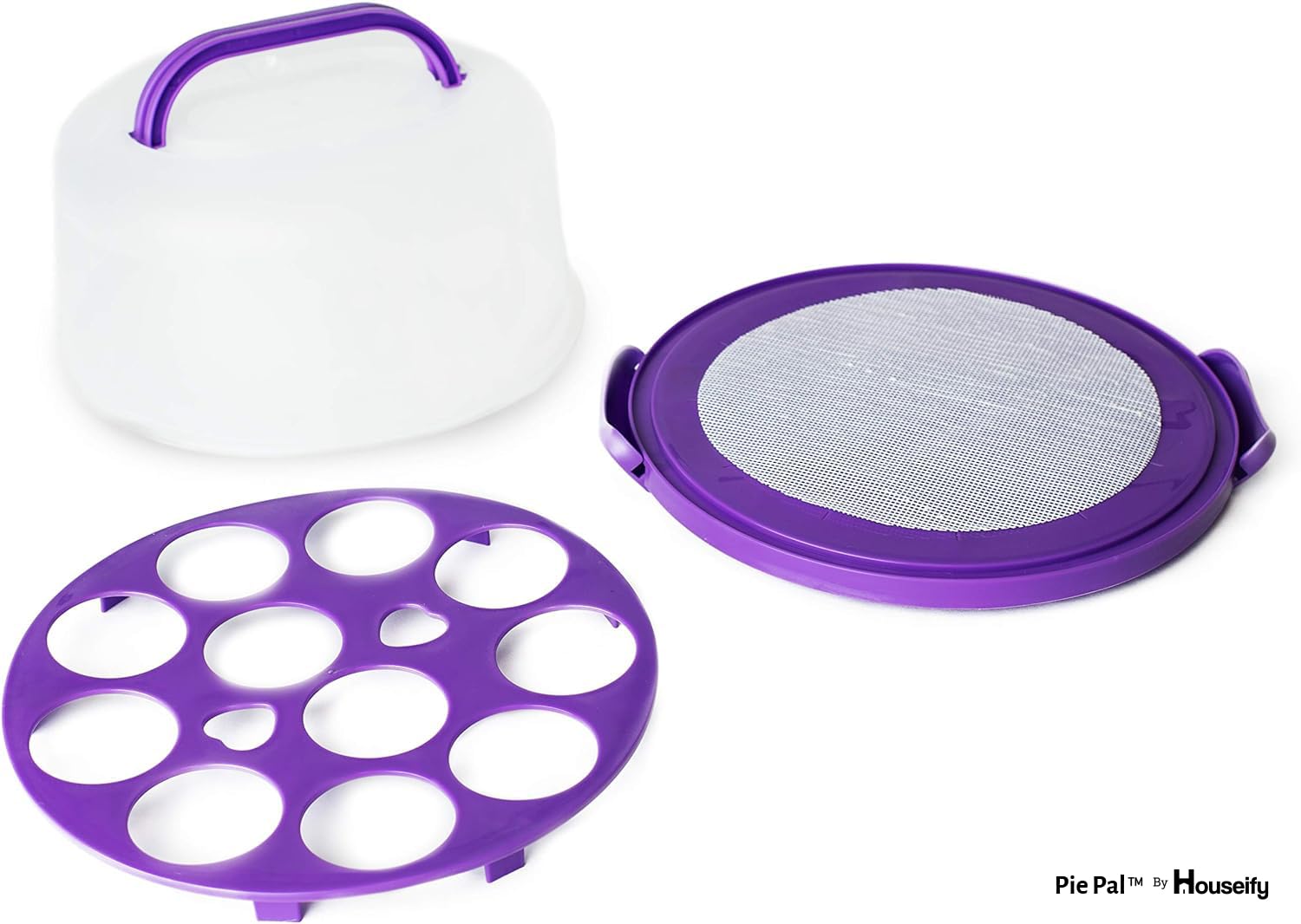 Houseify Purple PIE PAL, Pie & Cake Carrier w/Flat Handle & Domed Lid for Tall Pies & Cakes, Cupcake Storage, Plus Veggie/Fruit/Nut Tray, Fits 9 In. Cakes & Pies