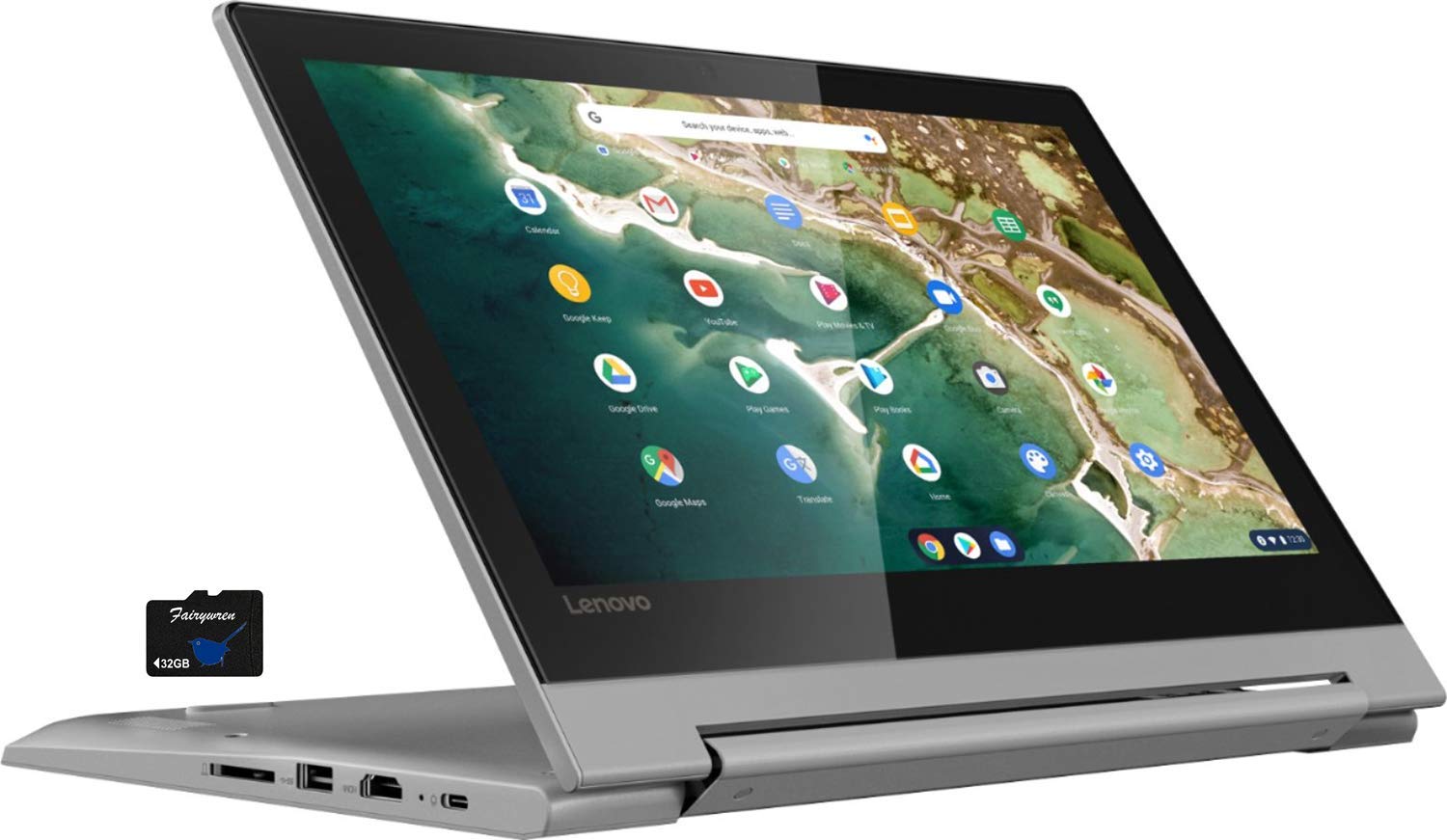 Lenovo 2021 Chromebook Flex 11" 2-in-1 Convertible Laptop, 11.6-Inch HD Touch Screen, MediaTek MT8173C Quad-Core Processor, 4GB RAM, 32GB eMMC, Webcam, USB Type C, Chrome OS, Fairywren Card