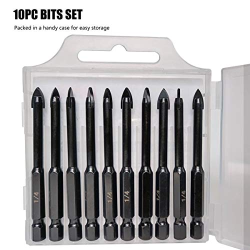 Hymnorq 1/4 Inch Glass and Tile Drill Bit 10pc Set, YG6X Tungsten Carbide Tipped Spear Cutter, 1/4 Hex Shank, Painted Surface, Suitable for Drilling Ceramic Mirror Wood Porcelain Brick Wall Bottle