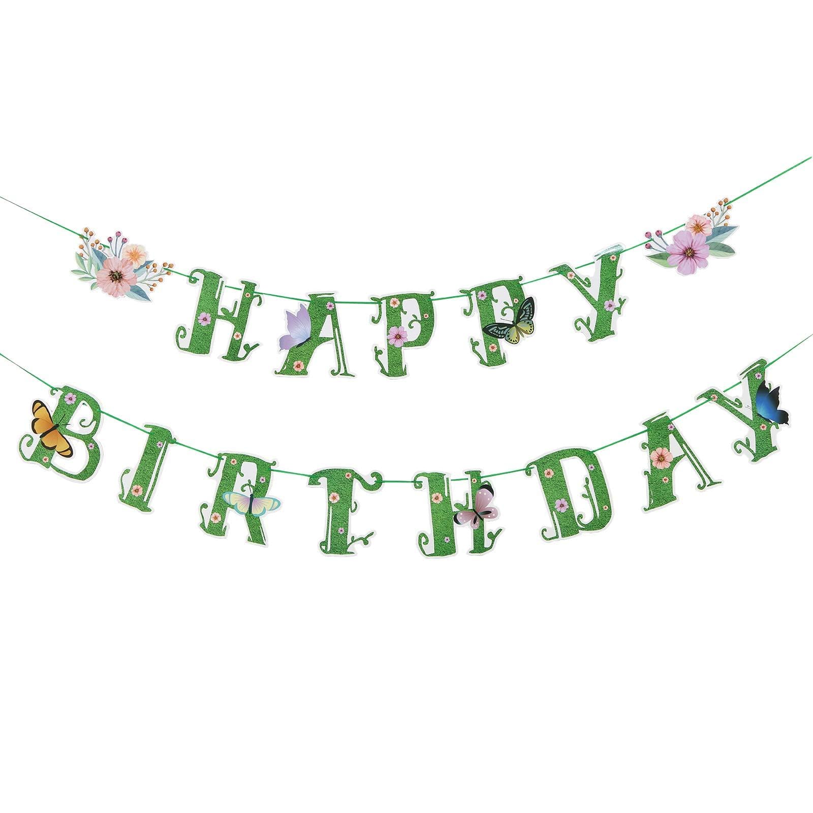 SUNBEAUTY Spring Happy Birthday Banner Green Spring Butterfly Flowers Banner Summer Spring Butterfly Birthday Party Decorations | Pre-Strung