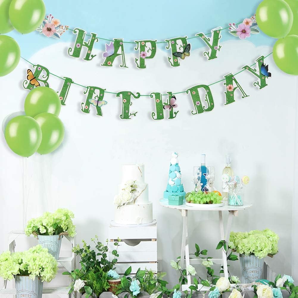 SUNBEAUTY Spring Happy Birthday Banner Green Spring Butterfly Flowers Banner Summer Spring Butterfly Birthday Party Decorations | Pre-Strung