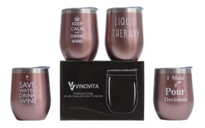 vinovita funny wine glasses (set of 4) with straws and brushes – double-wall insulated stainless steel tumbler – great gift for birthday, mother’s day, anniversary – 12 oz