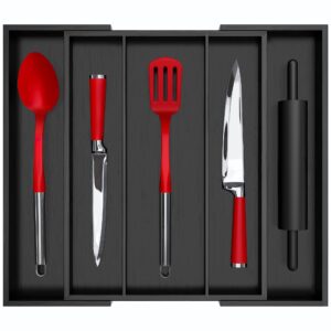 royal craft wood luxury bamboo caddy expandable drawer and utensil organizer, silverware holder and cutlery tray, 19.6" x17", black