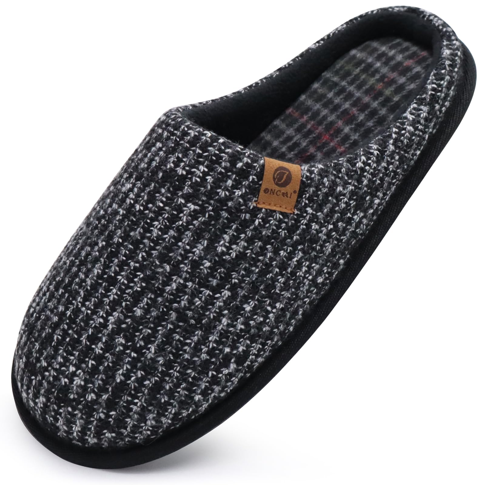 ONCAI Mens Black Knit Stripes Cozy Memory Foam scuff Slippers Slip On Warm House Shoes Indoor/Outdoor With Best Arch Surpport Size 11