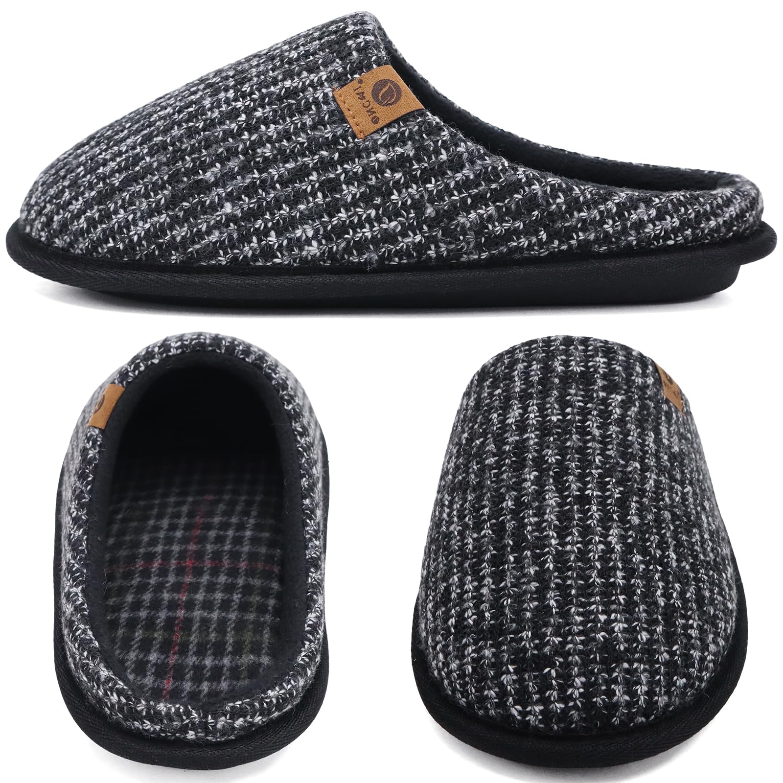 ONCAI Mens Black Knit Stripes Cozy Memory Foam scuff Slippers Slip On Warm House Shoes Indoor/Outdoor With Best Arch Surpport Size 11