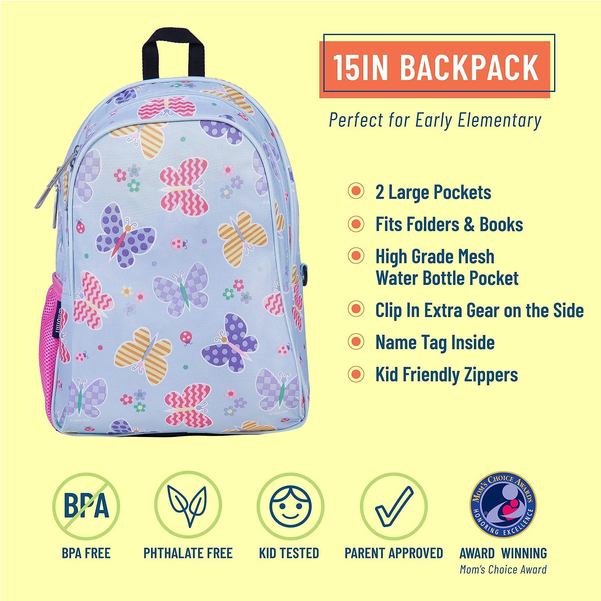 Wildkin 15 Inch Kids Backpack Bundle with Lunch Box Bag (Butterfly Garden)