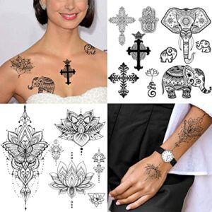 EGMBGM 28 Sheets Tribal Black Temporary Tattoos For Women Girls, Waterproof Fake Tattoos Temporary Elephant Ganesha Lace Tattoo Kits, Lotus Mandala Flower Tatoo Sticker Moon Neck Chest Arm Butterfly