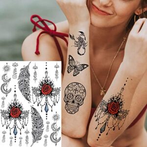 EGMBGM 28 Sheets Tribal Black Temporary Tattoos For Women Girls, Waterproof Fake Tattoos Temporary Elephant Ganesha Lace Tattoo Kits, Lotus Mandala Flower Tatoo Sticker Moon Neck Chest Arm Butterfly