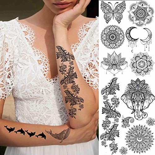 EGMBGM 28 Sheets Tribal Black Temporary Tattoos For Women Girls, Waterproof Fake Tattoos Temporary Elephant Ganesha Lace Tattoo Kits, Lotus Mandala Flower Tatoo Sticker Moon Neck Chest Arm Butterfly