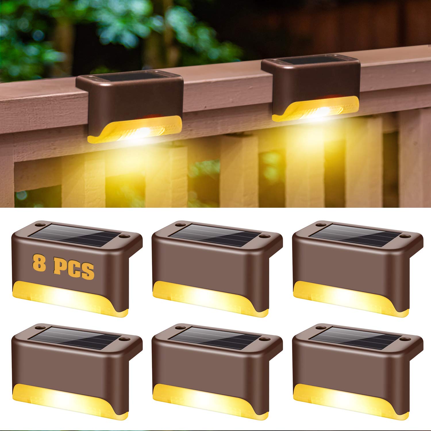 AOYOO Solar Deck Lights Outdoor, 8 Pack Fence Post Solar Lights, Solar Step Lights Outdoor Waterproof for Outdoor Pathway, Yard, Patio, Stairs, Step and Fences (Warm White)