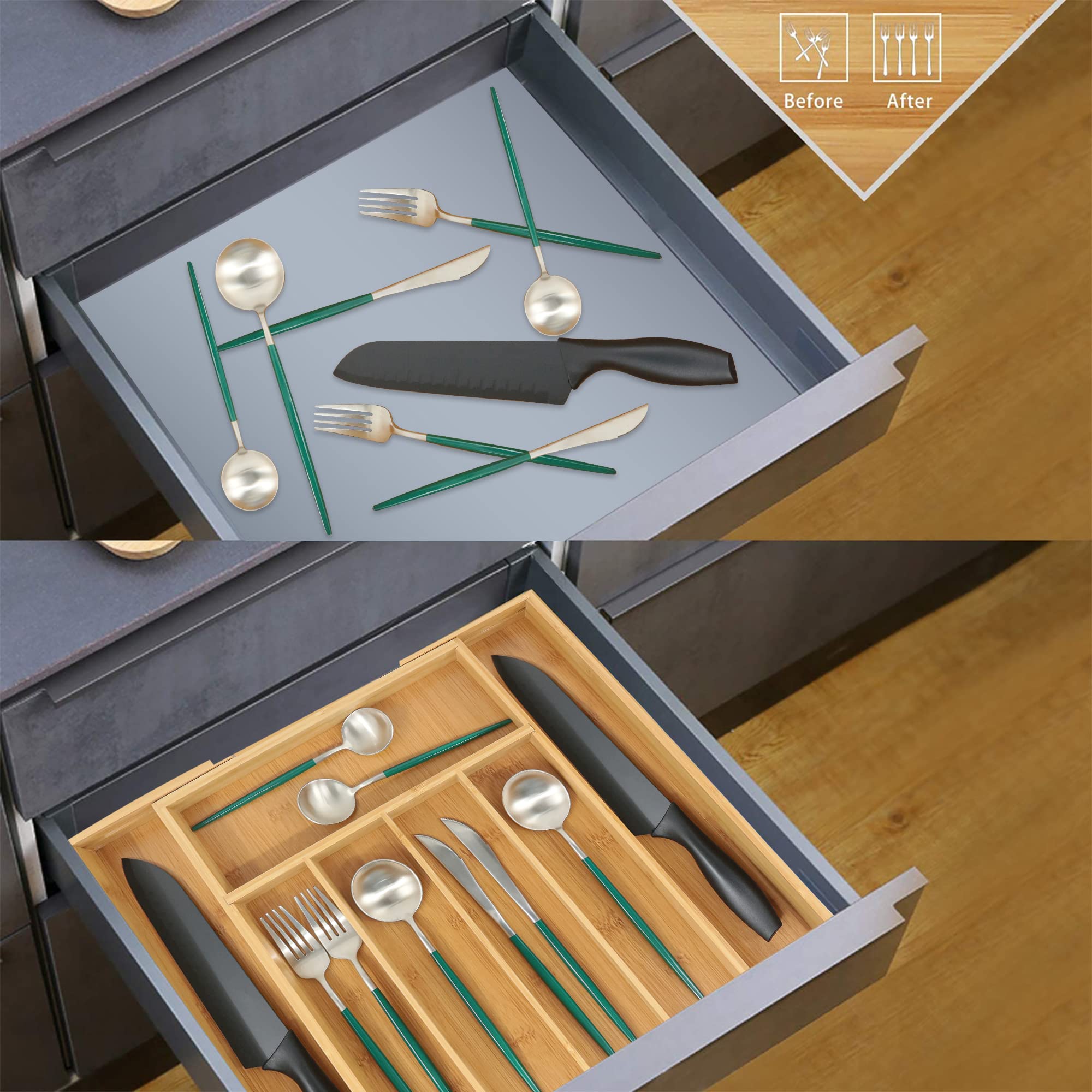 VaeFae Bamboo Silverware Organizer, Expandable Kitchen Drawer Organizer for Cutlery, Wooden Utensil Holder, Multi-Function Drawer Storage, 5-7 Compartments