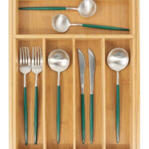 VaeFae Bamboo Silverware Organizer, Expandable Kitchen Drawer Organizer for Cutlery, Wooden Utensil Holder, Multi-Function Drawer Storage, 5-7 Compartments
