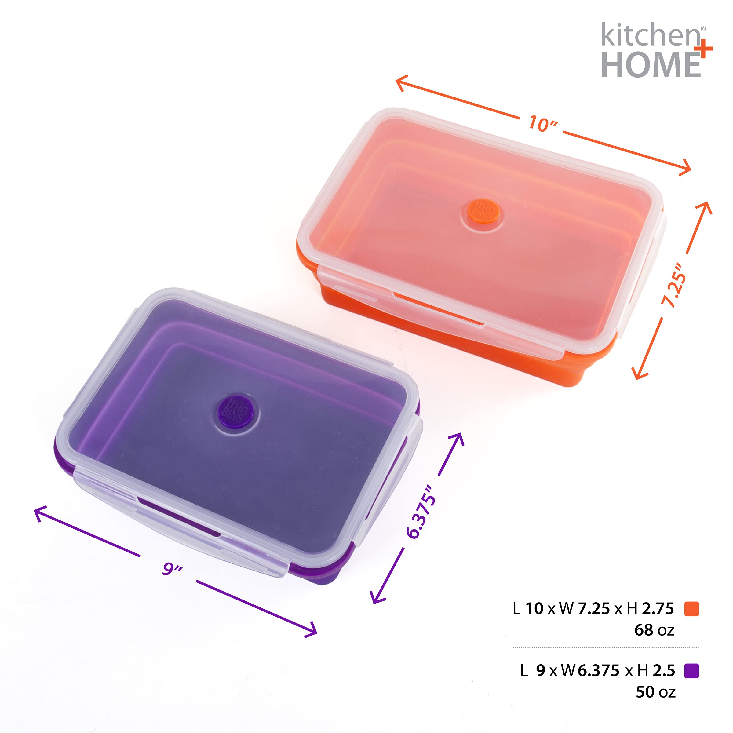 Kitchen + Home Thin Bins Collapsible Containers – Set of 2 Extra Large Rectangle Silicone Food Storage Containers – BPA Free, Microwave, Dishwasher and Freezer Safe