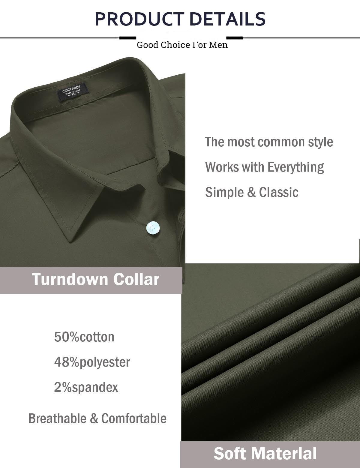 COOFANDY Men's Muscle Fit Dress Shirts Wrinkle-Free Long Sleeve Casual Button Down Shirt Olive Green