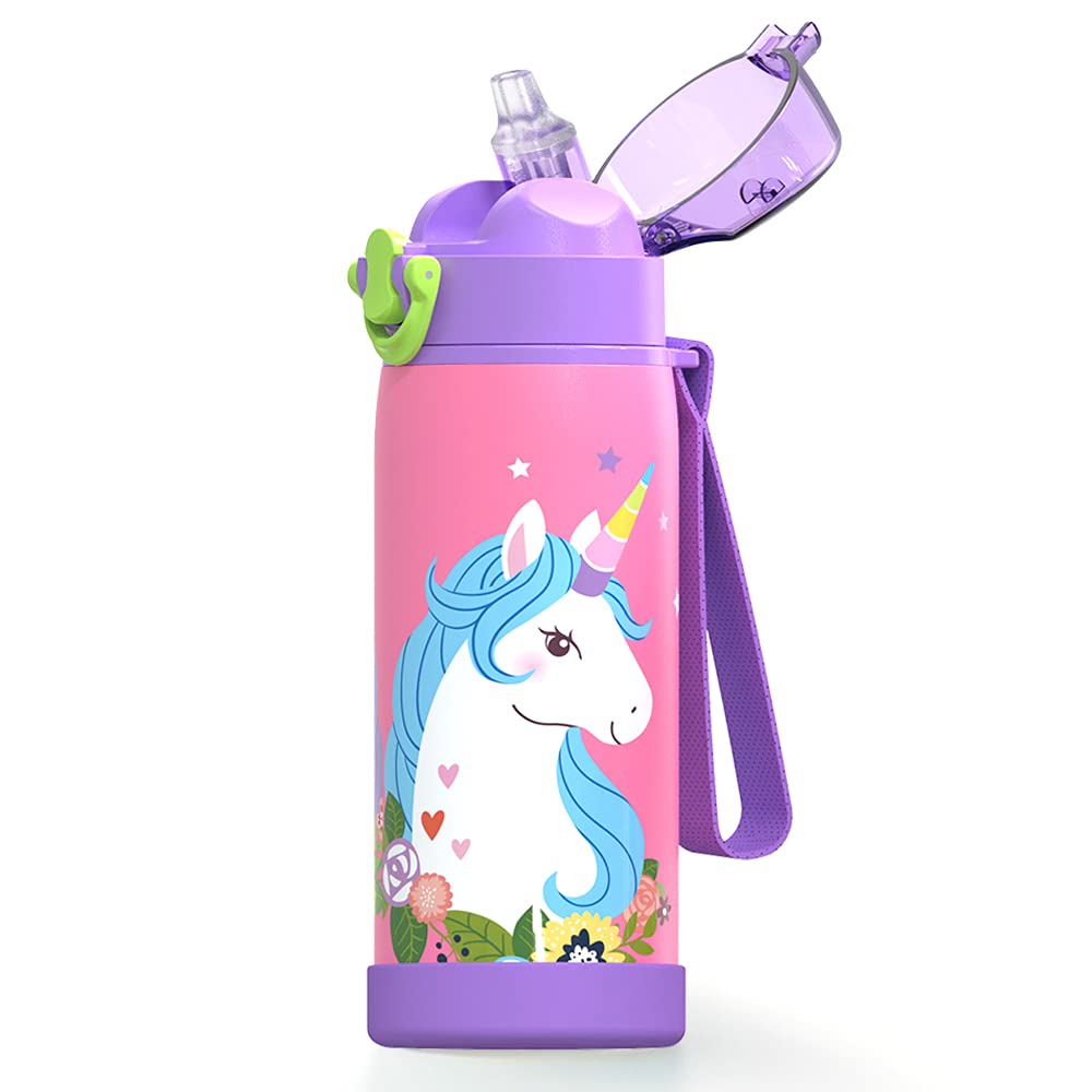 16 oz Insulated Water Bottle with Straw for Kids, Durable Stainless Steel & Leak Proof One Click Open Soft Sipper & Protective Silicone Boot (Unicorn)