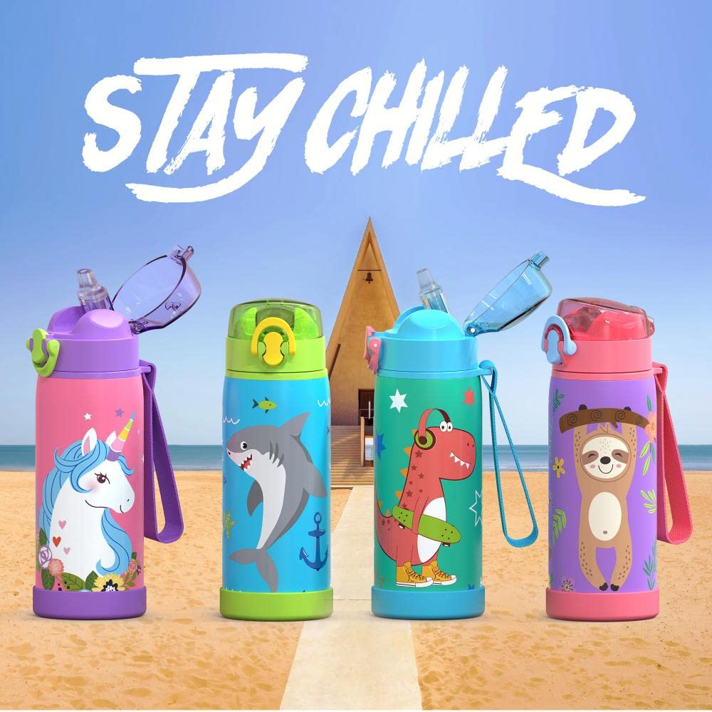 16 oz Insulated Water Bottle with Straw for Kids, Durable Stainless Steel & Leak Proof One Click Open Soft Sipper & Protective Silicone Boot (Unicorn)